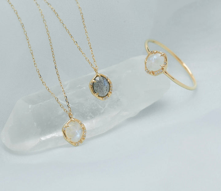 Moonstone Solid Gold Necklace with Diamonds